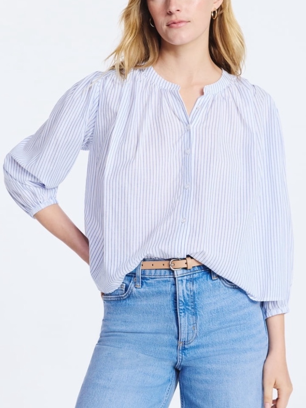 Free Assembly Blue and White Striped Button-Up Blouse
